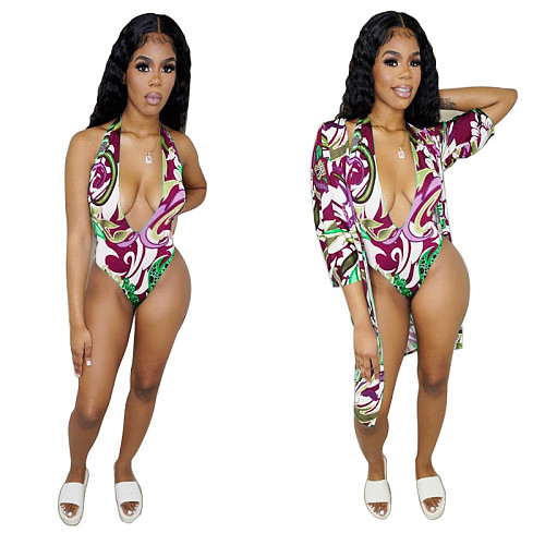 Sexy One Piece Swimsuit+Cover Up Coat 2 Piece Sets WXY-5123