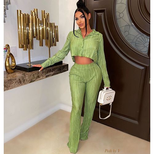 Solid Pleated Shirt Crop Tops+Wide Leg Pants Outfits BN-9408