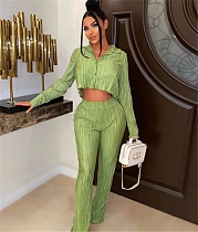 Solid Pleated Shirt Crop Tops+Wide Leg Pants Outfits BN-9408