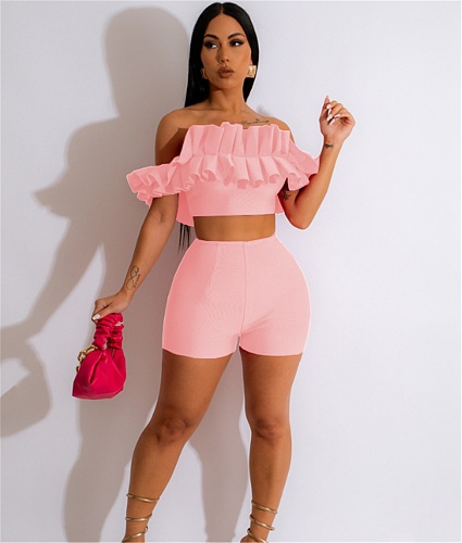Slash Neck Ruffle Ruched Crop Tops and Shorts Set MEI-9299