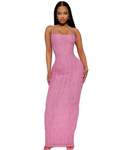 XS Solid Color High Stretch Pleated Slip Maxi Dresses ASL-6652