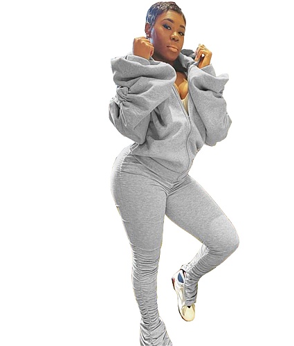 Bubble Sleeve Zipper Stack Pants Hooded Two Pieces Set CH-8135