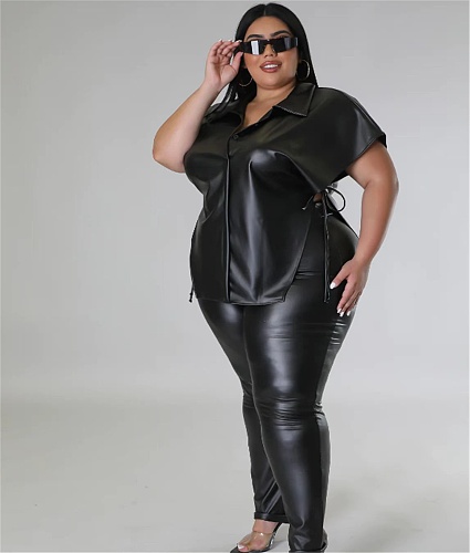 5XL Plus Size PU Leather Irregular Tops and Pants Suit SL-7071