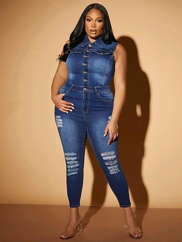 Sleeveless Button Up Ripped Holes Denim Jumpsuit LX-6951
