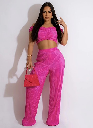 Off Shoulder Crop Tops Pleated Wide Leg Pants Outfits WSM-5341