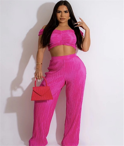 Off Shoulder Crop Tops Pleated Wide Leg Pants Outfits WSM-5341