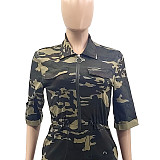 Camo Print Half Sleeve Zipper Turn Down Collar Dresses YUM-90118