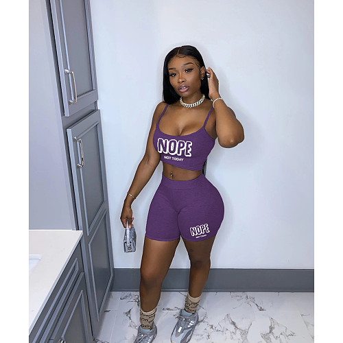 Letters Spaghetti Strap Crop Tops Shorts Joggers Suit CT-3203