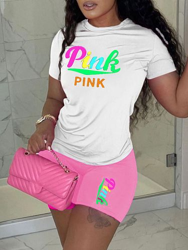 PINK Letter Print Short Sleeve T Shirt Shorts Tracksuit DN-8008P2A