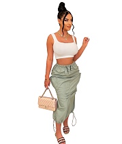 Solid Color Elastic Waist Large Pockets Cargo Skirts TEN-314