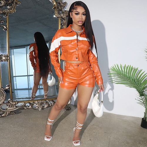 PU Leather Jackets and Shorts Two Piece Set CH-23033