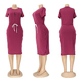 Casual Short Sleeve Lace Up Loose Basic Dresses OQ-0118