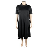 Plus Size Solid Short Sleeve Zipper Casual Dresses TE-4613