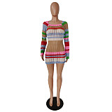 Contrast Color Striped Long Sleeve Knitted Dresses DY-6907