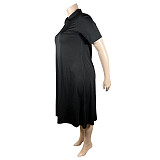Plus Size Solid Short Sleeve Zipper Casual Dresses TE-4613