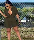 Casual Solid Zipper Turn Down Collar Cargo Rompers XHA-10111