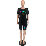 PINK Letter T Shirt Tops Biker Shorts Two Piece Set CT-3249