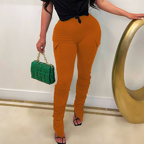 High Waist Stretch Pockets Side Ruched Skinny Pants BN-9416