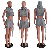Knit Drawstring Hooded Sleeveless Crop Top Skirts Set TR-1252
