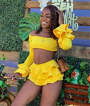 Sexy Off Shoulder Crop Tops Ruffle Mini Skirt Sets MANW-8505
