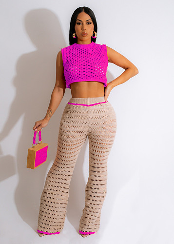 Knitted Crochet Sleeveless Crop Tops Two Piece Pant Sets CM-8674