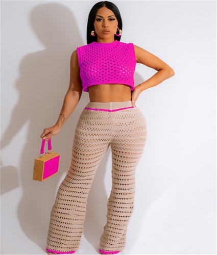 Knitted Crochet Sleeveless Crop Tops Two Piece Pant Sets CM-8674