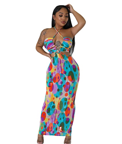 Sexy Printed Halter Backless Cut Out Night Club Dress TE-4620