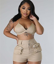 Sexy Halter Lace-Up Bra Cargo Shorts Two Piece Set SQ-90123