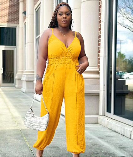 5XL Plus Size V Neck Spaghetti Strap Loose Jumpsuits WEIP-80908