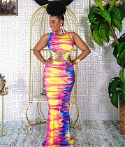 Tie Dye Print Sleeveless Cut Out Floor Length Dresses MUC-041