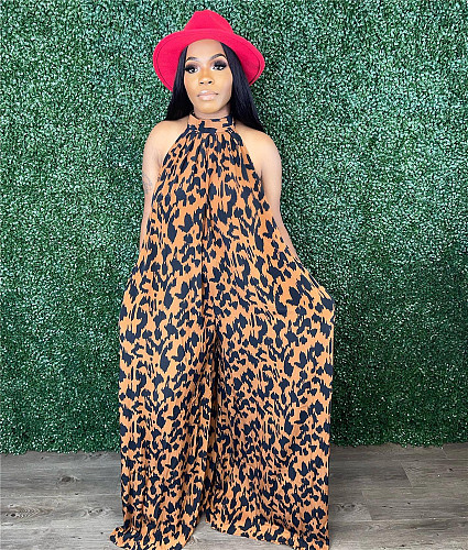 Leopard Print Sleeveless Loose One Pieces Jumpsuit OM-1616