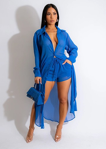 Long Sleeve Chiffon Shirt Dresses+Shorts Two Piece Set CY-6117