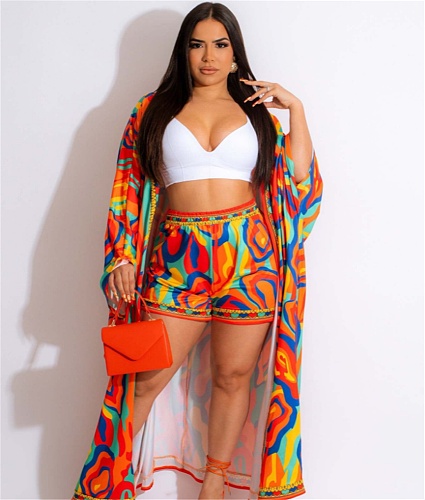 Abstract Printed Open Stitch Long Tops and Shorts Set RS-2063
