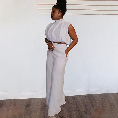 Elegant Solid Loose Sleeveless Tops Long Pants Suit JINGJ-6115