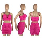 Sexy Ruched Spaghetti Strap Crop Top Mini Skirt Sets LM-8360