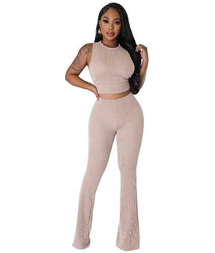 Solid Sleeveless Crop Tops Flare Pants Two Piece Set FE-276