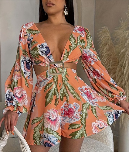 Floral Print Deep V Neck Long Sleeve Rompers RS-297