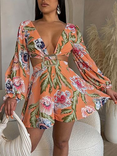 Floral Print Deep V Neck Long Sleeve Rompers RS-297