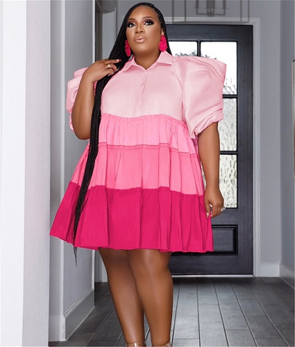 Contrast Color Loose Puff Sleeve Pleated Plus Size Dress OSS-23201