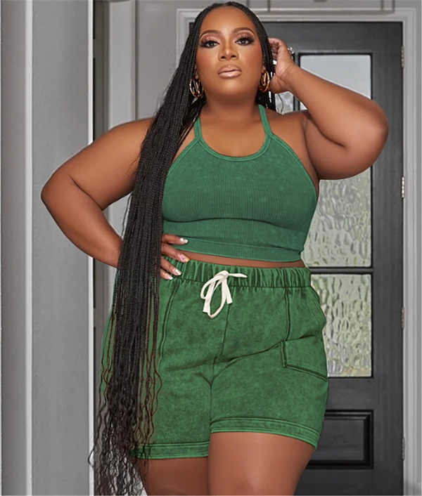 Halter Crop Tops Plus Size Two Piece Shorts Set NNWY-7855