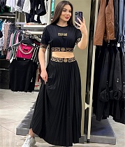Chic Short Sleeve Crop Top Pleated Skirt 2 Piece Sets CY-2839