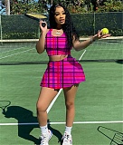 Sportswear Plaid Print Tank Tops Tennis Skirt Sets MX-1081