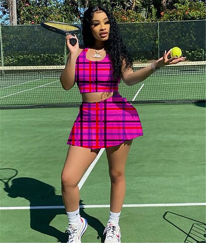 Sportswear Plaid Print Tank Tops Tennis Skirt Sets MX-1081