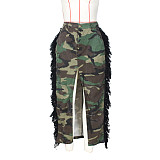 Camo Print Streetwear Tassel Side High Slit Skirt ZS-0594