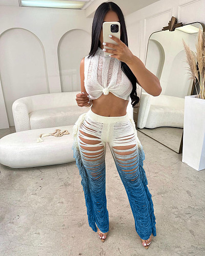 Gradient Knitted Tassel Two Piece Pants Set TR-1263