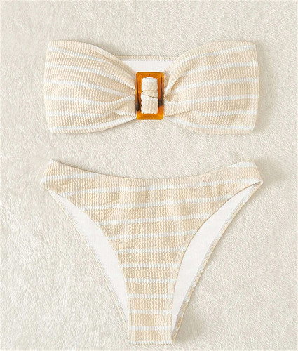 Ribbed Striped Strapless Two Piece Bikini Sets L2303
