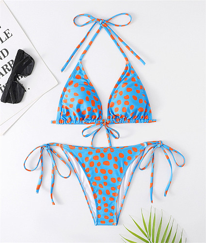 Halter Lace Up Swimsuit Polka Dot Triangle Bikini Sets F21