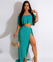 Ruffle Pleated Off Shoulder Crop Tops Slit Skirt Sets NY-7319