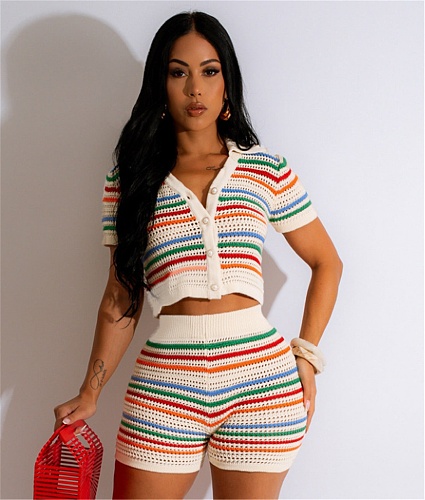 Contrast Color Stripe Knitting Two Piece Shorts Set DY-6901
