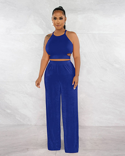 Backless Bandage Crop Tops Wide Leg Pants Outfits XMY-9428